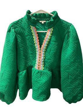 JODIFL Green Puff Sleeve Ric Rac Blouse with Mandarin Collar